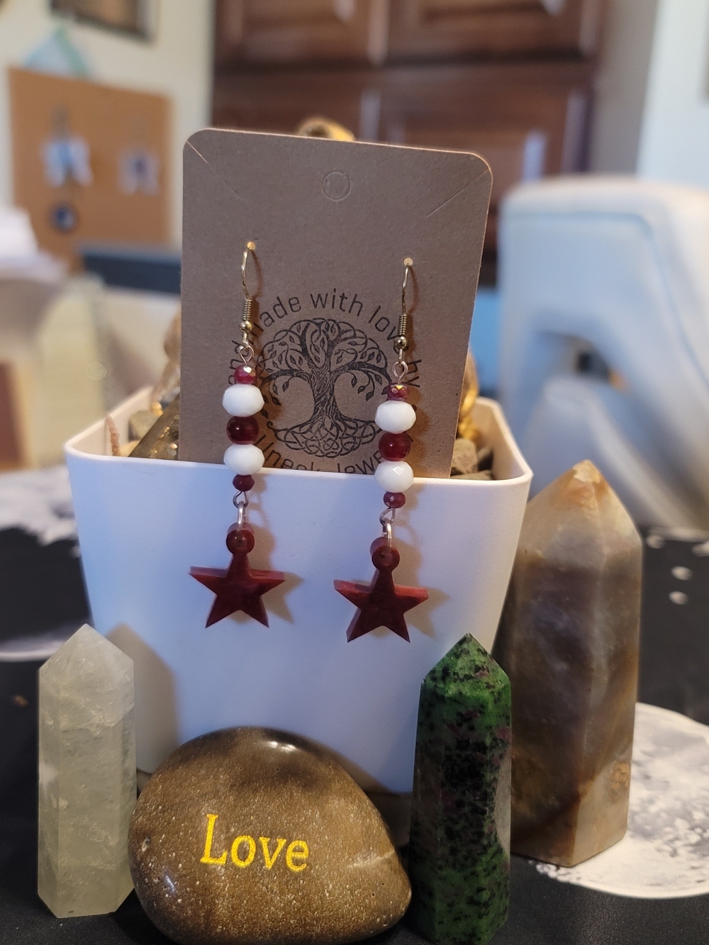 Handmade Red Ruby and Star Dangle Beaded Earrings